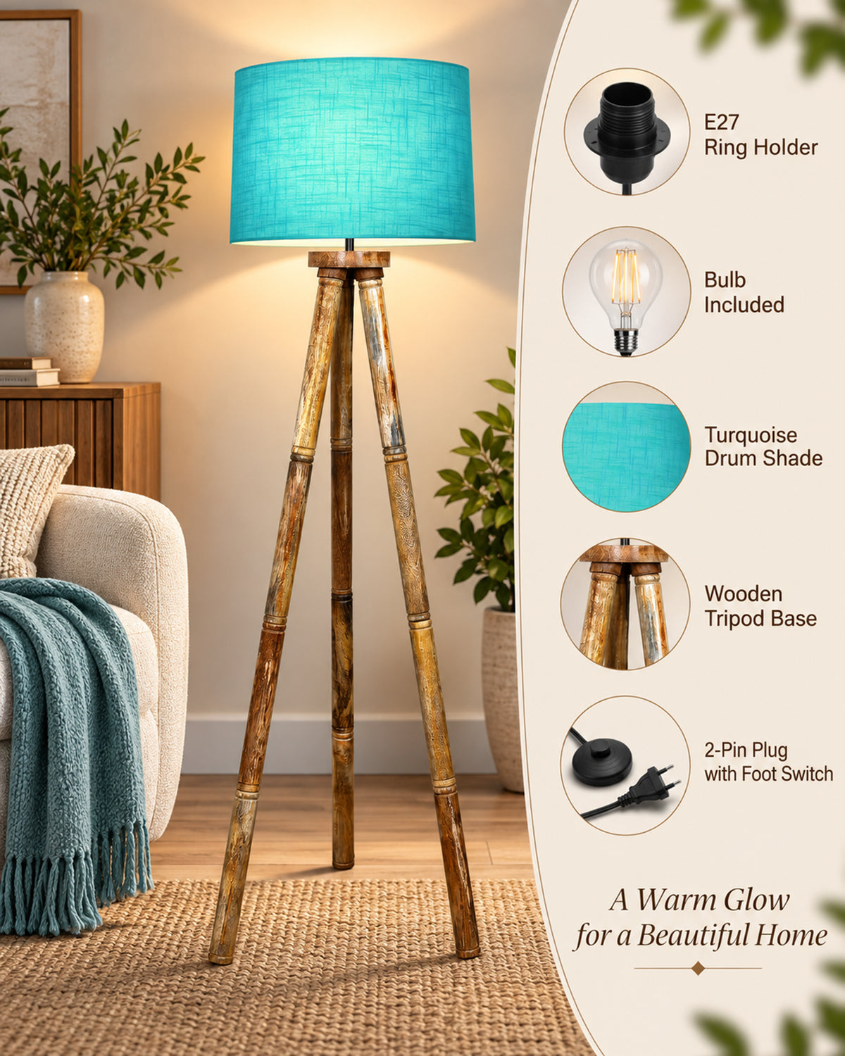 Wood Tripod Floor Lamp, Mid Century Standing Lamp, E27 Lamp Base, With shade Modern Design Floor Reading Lamp for Living Room Bedroom, Study Room and Office