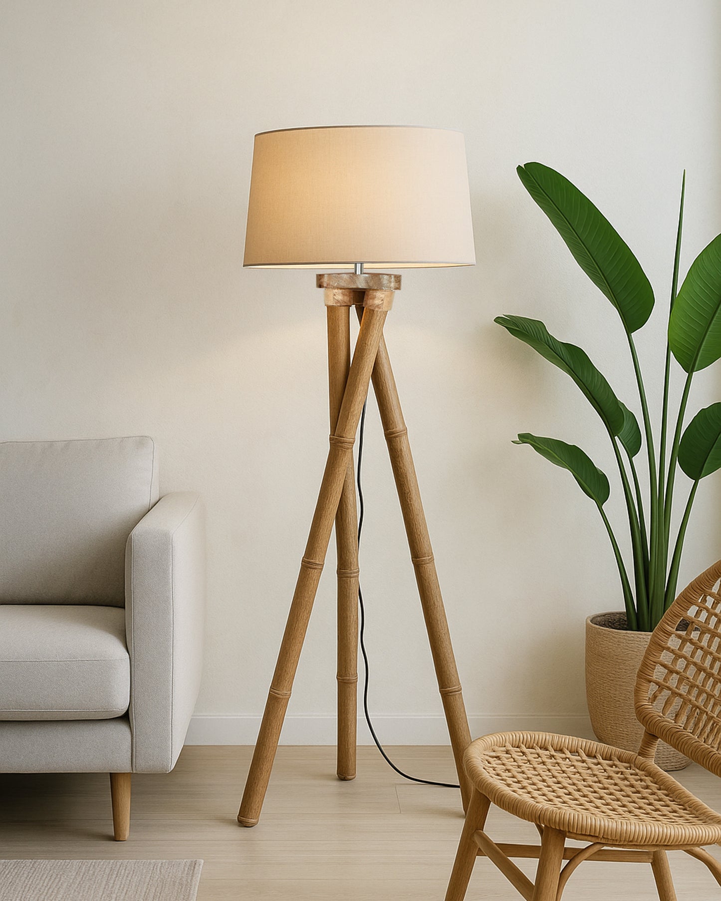 Cross-leg Wood Tripod Floor Lamp, Mid Century Standing Lamp, E27 Lamp Base, With Shade Modern Design Floor Reading Lamp for Living Room Bedroom, Study Room and Office