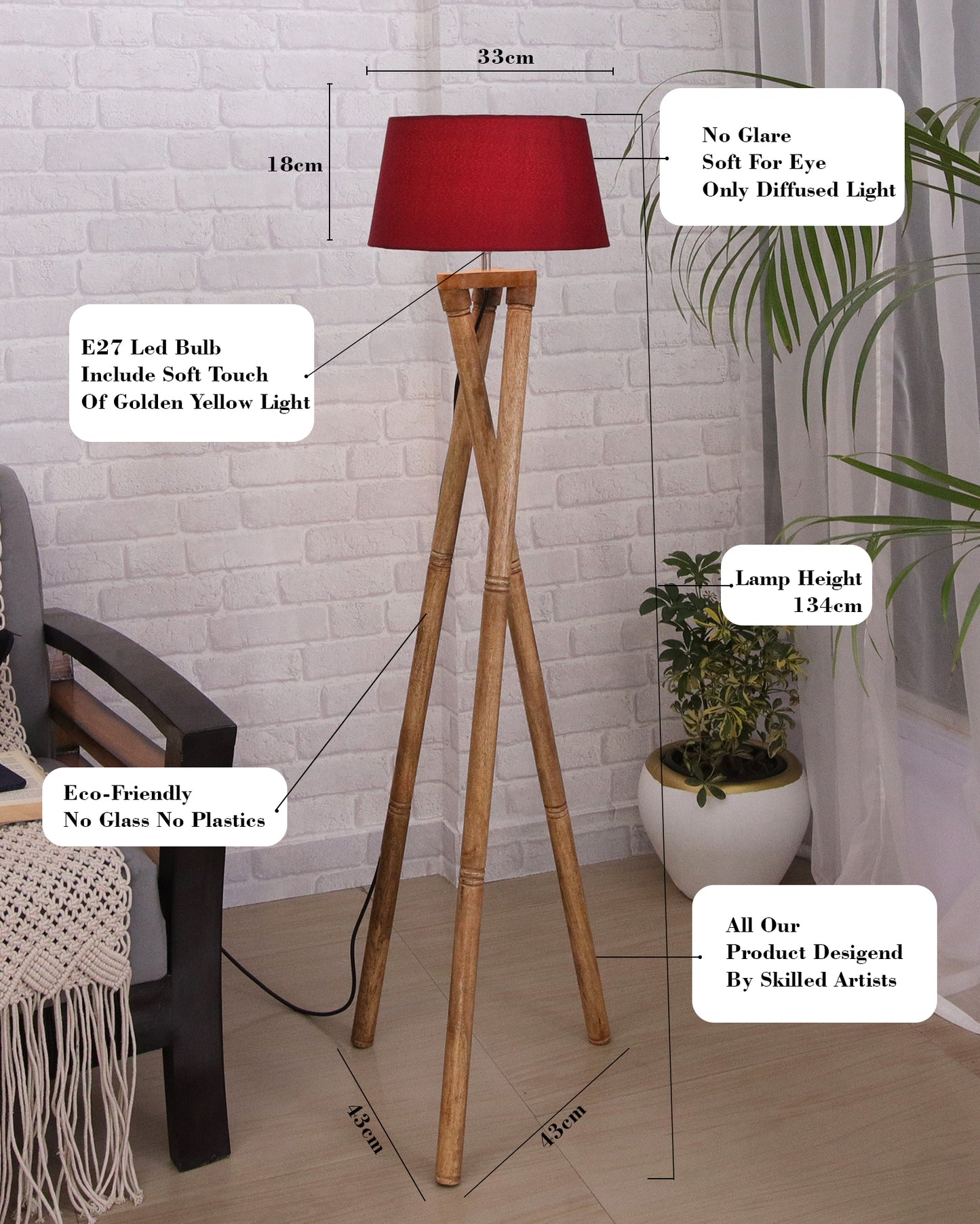 Cross-leg Wood Tripod Floor Lamp, Mid Century Standing Lamp, E27 Lamp Base, With Shade Modern Design Floor Reading Lamp for Living Room Bedroom, Study Room and Office