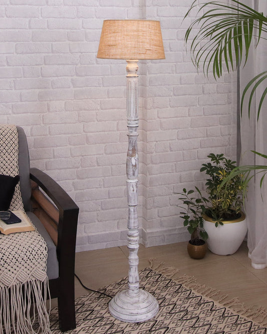 Wood Antique Candlestick Fabric Drum Shade Decor for Living Room Reading House Bedroom Home, White Athens