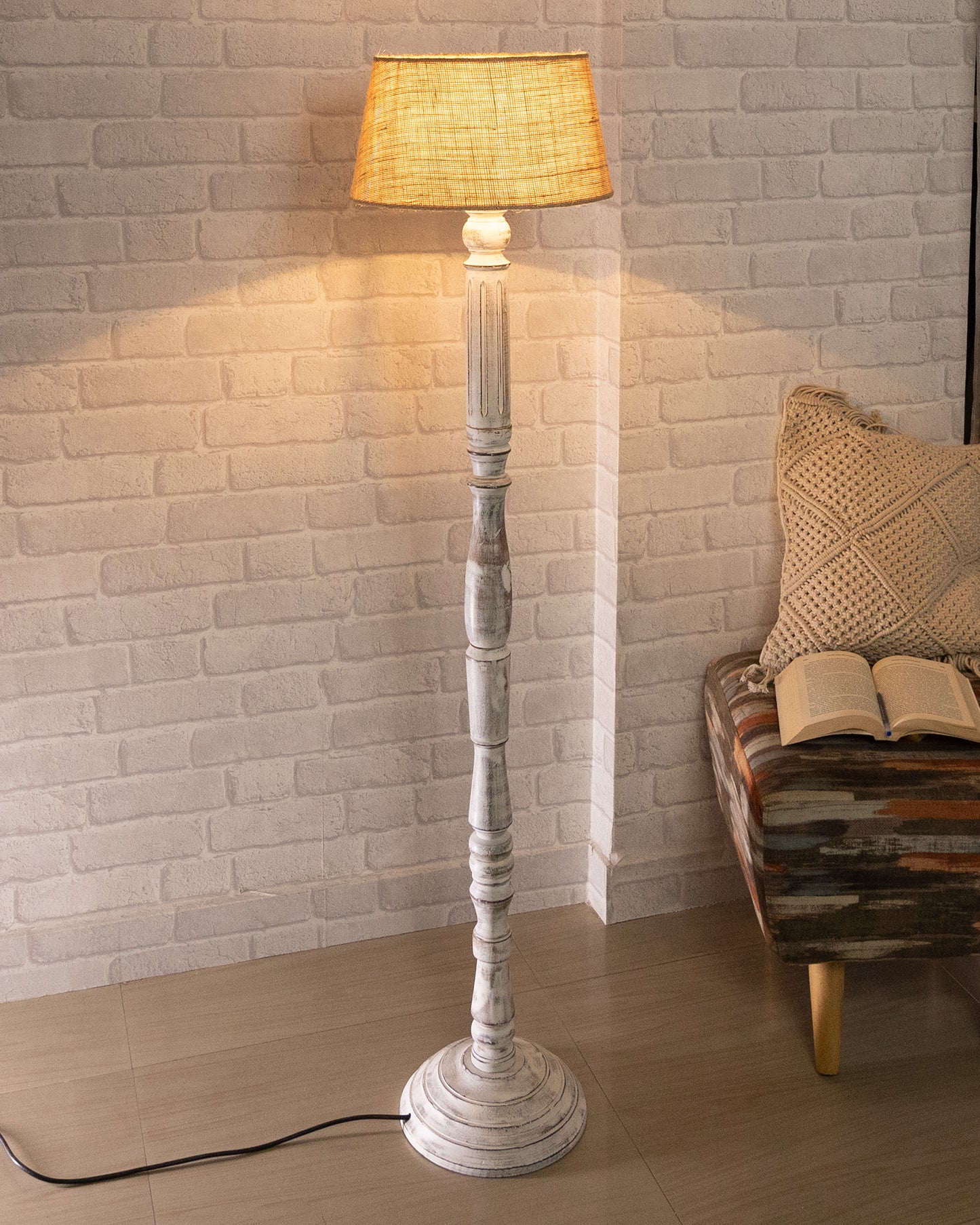 Wood Antique Candlestick Fabric Drum Shade Decor for Living Room Reading House Bedroom Home, White Athens