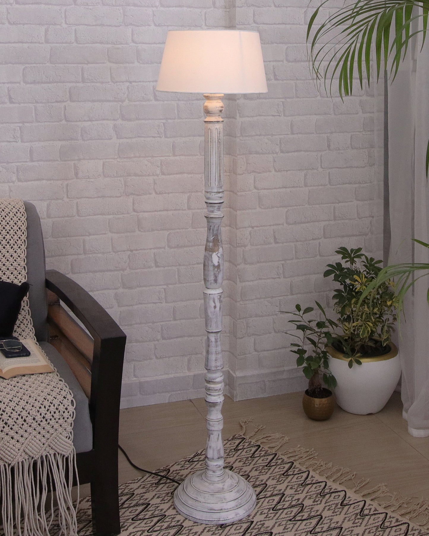 Wood Antique Candlestick Fabric Drum Shade Decor for Living Room Reading House Bedroom Home, White Athens