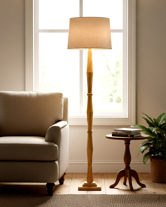 Wood Antique Candlestick Fabric Drum Shade Decor for Living Room Reading House Bedroom Home, Natural Diamond