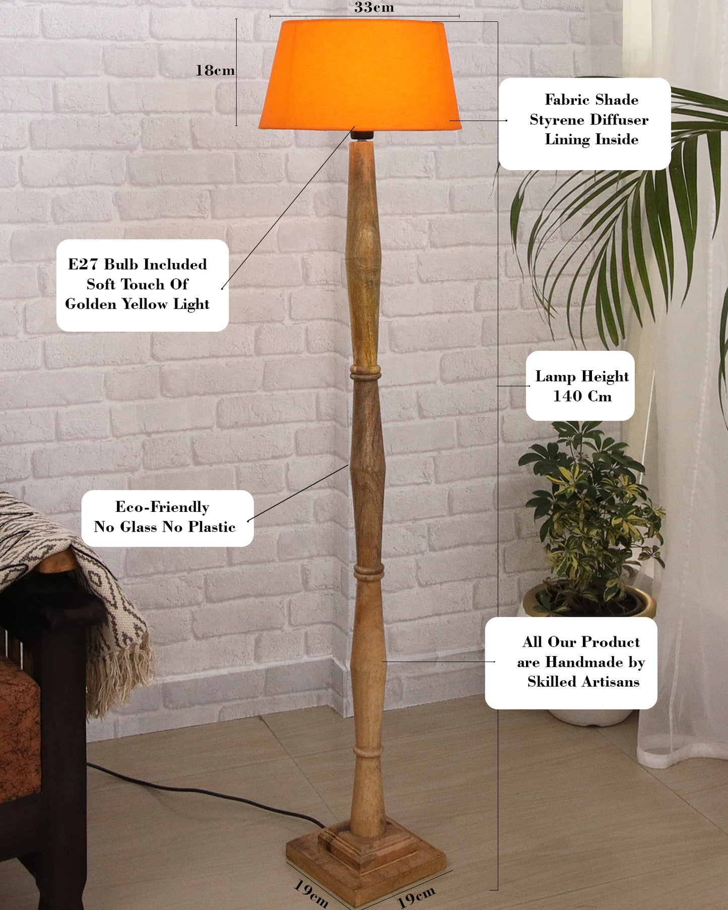 Wood Antique Candlestick Fabric Drum Shade Decor for Living Room Reading House Bedroom Home, Natural Diamond