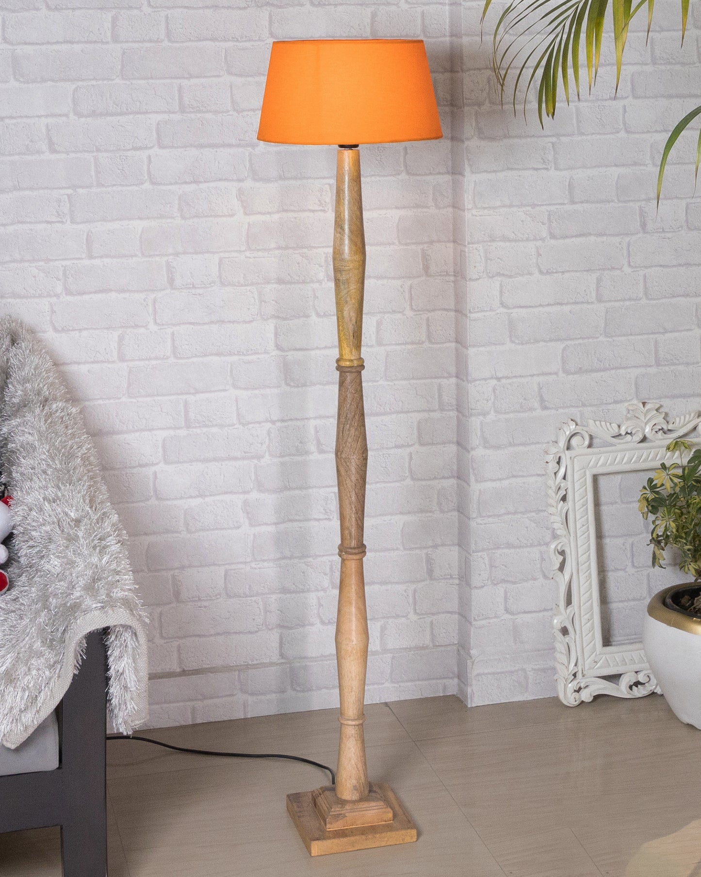 Wood Antique Candlestick Fabric Drum Shade Decor for Living Room Reading House Bedroom Home, Natural Diamond