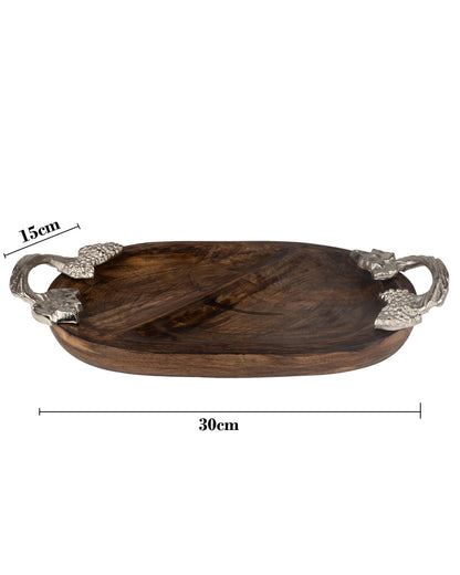 Walnut Wooden Oval compartment tray with leaf handle, serving tray, snacks and fruits