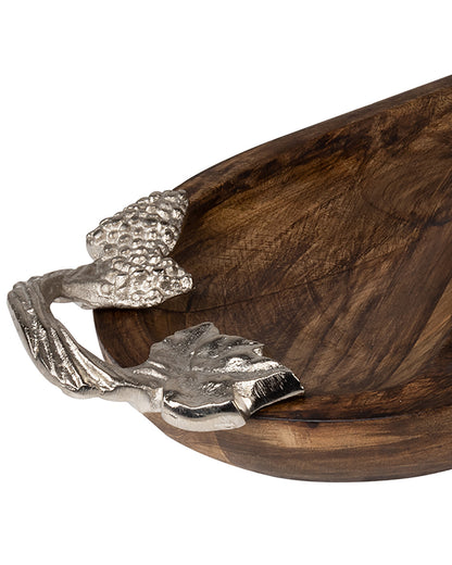 Walnut Wooden Oval compartment tray with leaf handle, serving tray, snacks and fruits