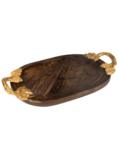 Walnut Wooden Oval compartment tray with leaf handle, serving tray, snacks and fruits