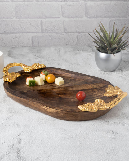 Walnut Wooden Oval compartment tray with leaf handle, serving tray, snacks and fruits