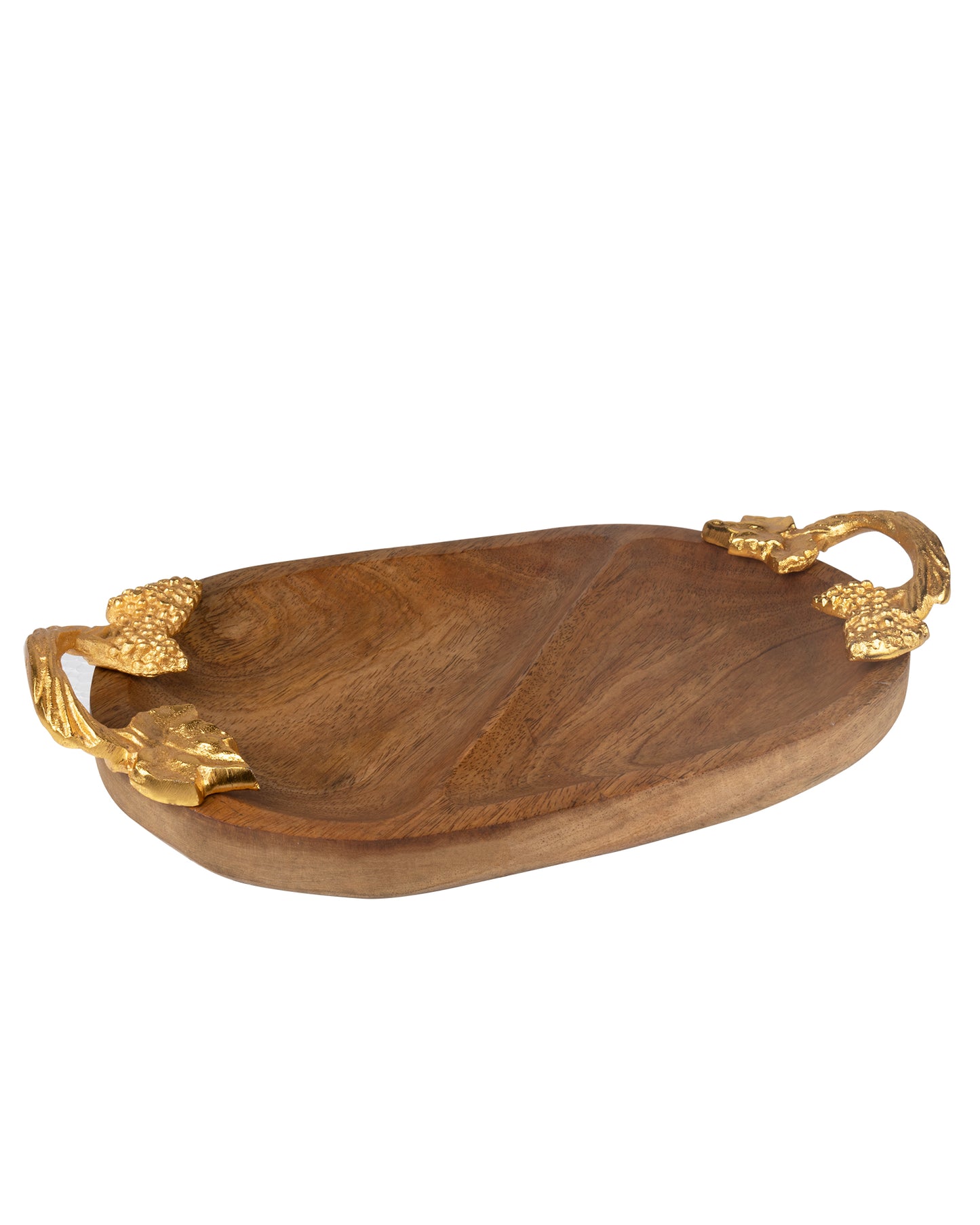 Natural Wooden Oval compartment tray with leaf handle, serving tray, snacks and fruits