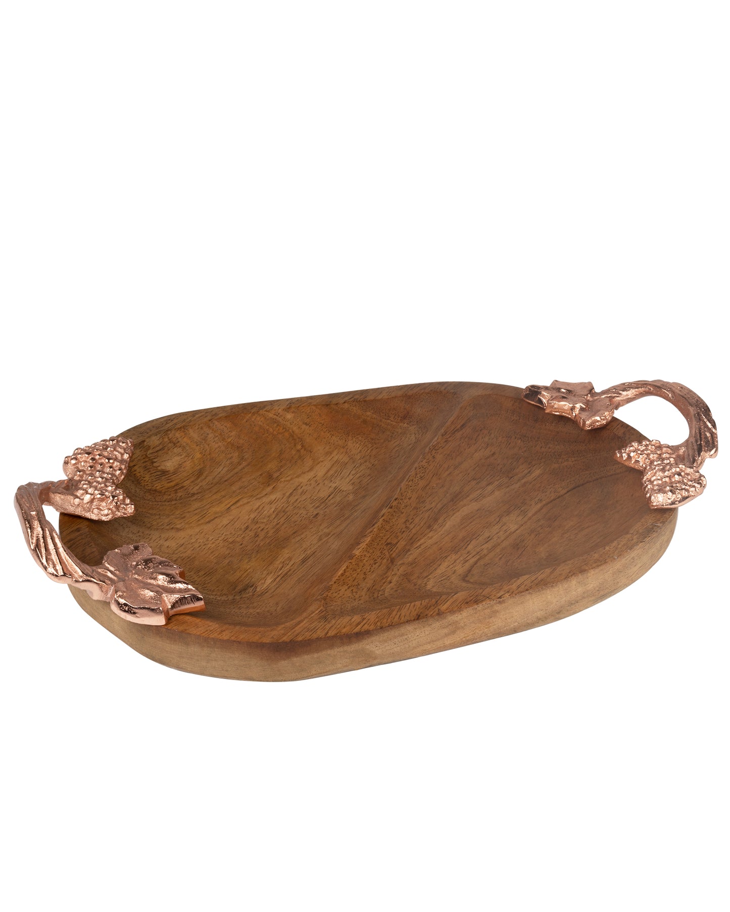 Natural Wooden Oval compartment tray with leaf handle, serving tray, snacks and fruits