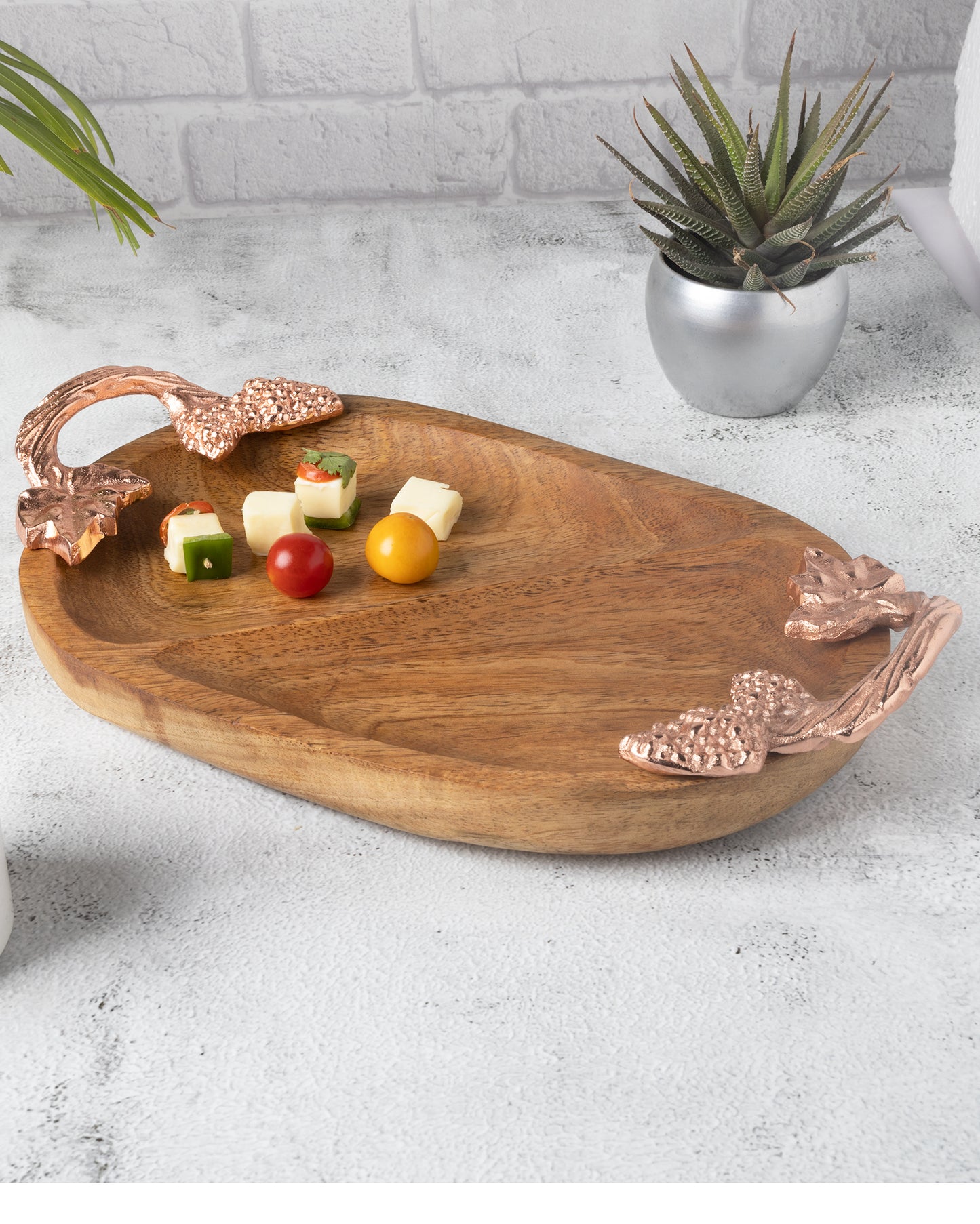 Natural Wooden Oval compartment tray with leaf handle, serving tray, snacks and fruits