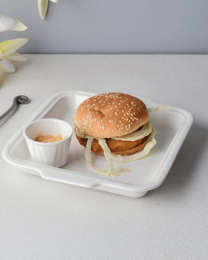 Fine Porcelain Burger Plate with Dip Bowl, White, Snacks Pasta Tray