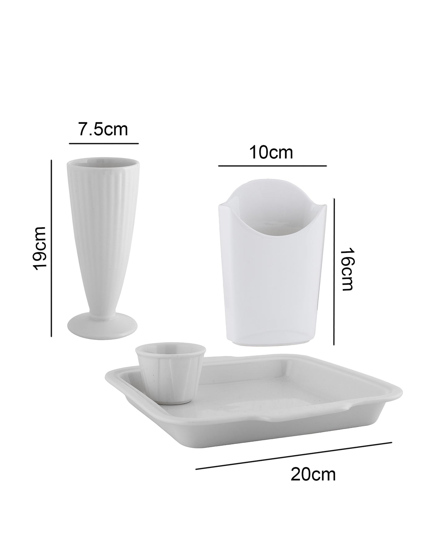 Fine Porcelain Burger Plate with Dip Bowl, Finger Food holder and Milk Shake Mug
