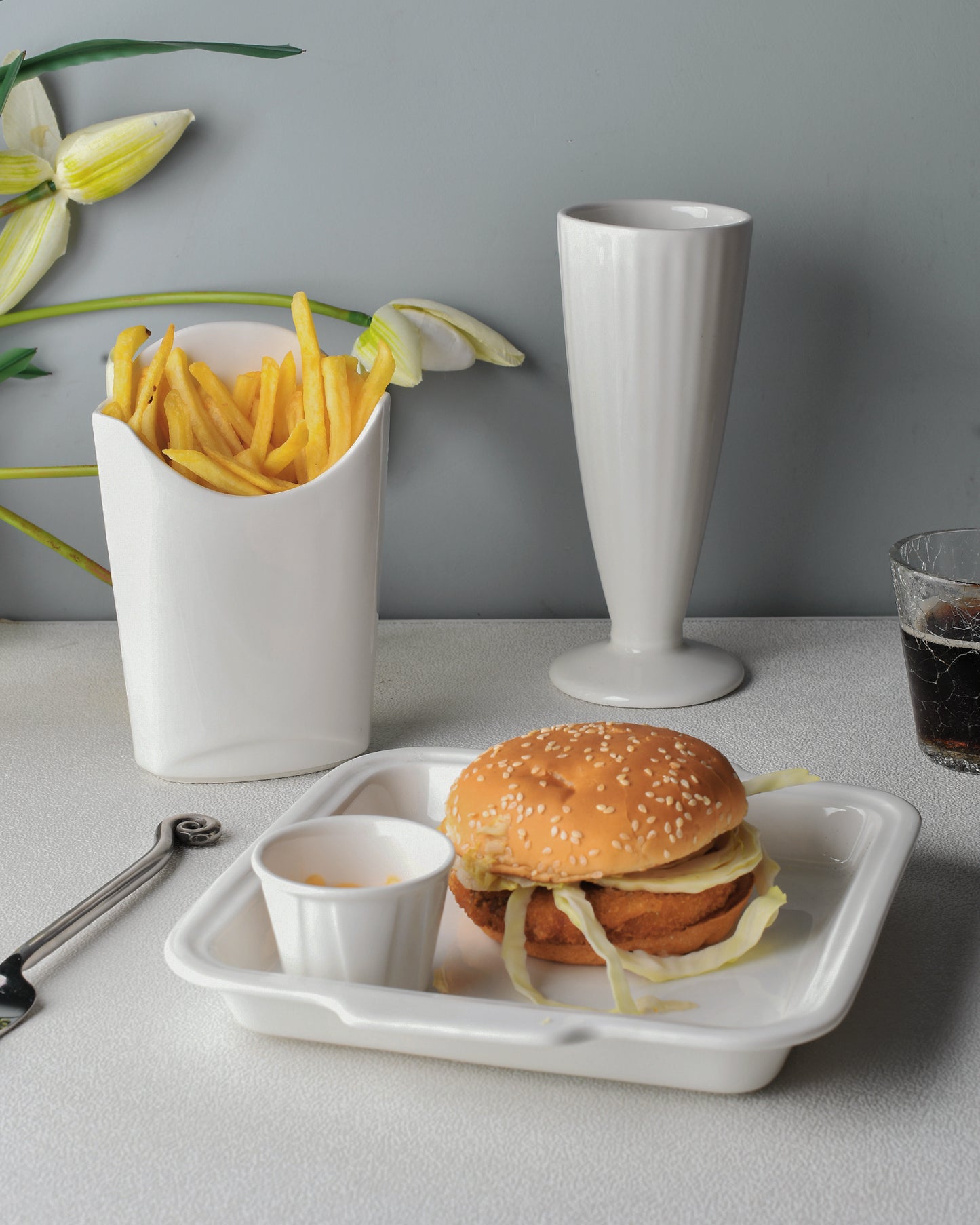 Fine Porcelain Burger Plate with Dip Bowl, Finger Food holder and Milk Shake Mug