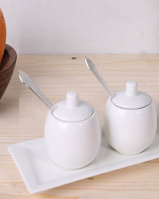 Porcelain Sugar Bowls Set Salt Containers Condiment Jar Porcelain Spice Pickle Pots Pepper Boxes with Lids, Metal Spoon