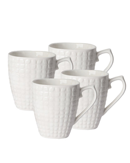 Premium Porcelain Mug with Large Handle for Coffee Tea Cocoa Soup, Ceramic, Dishwasher & Microwave Safe, Dotted Expresso, White, set of 4