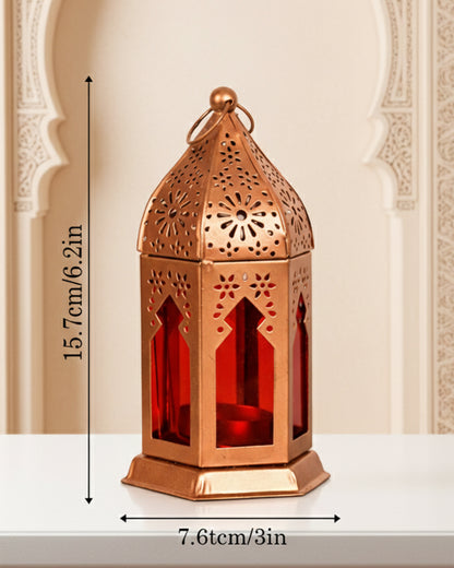 Moroccan Copper Lantern with Red Glass, Ramadan & Eid Decorative Candle Holder, Islamic Festive Table & Home Décor, Warm Ambient Metal Lantern for Iftar, Prayer Corner & Living Room