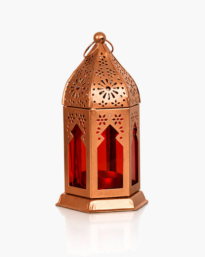 Moroccan Copper Lantern with Red Glass, Ramadan & Eid Decorative Candle Holder, Islamic Festive Table & Home Décor, Warm Ambient Metal Lantern for Iftar, Prayer Corner & Living Room