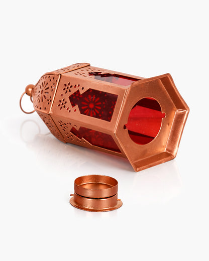 Moroccan Copper Lantern with Red Glass, Ramadan & Eid Decorative Candle Holder, Islamic Festive Table & Home Décor, Warm Ambient Metal Lantern for Iftar, Prayer Corner & Living Room