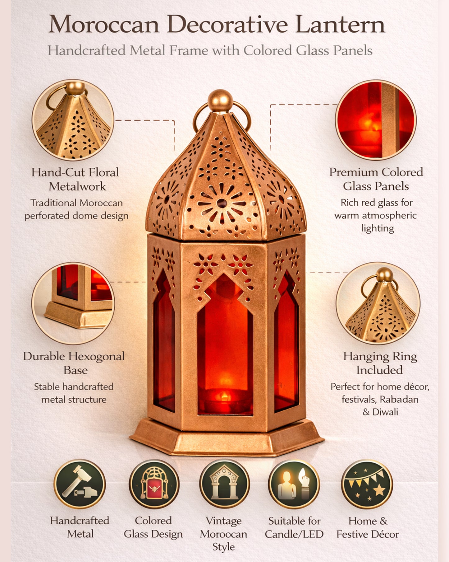 Moroccan Copper Lantern with Red Glass, Ramadan & Eid Decorative Candle Holder, Islamic Festive Table & Home Décor, Warm Ambient Metal Lantern for Iftar, Prayer Corner & Living Room