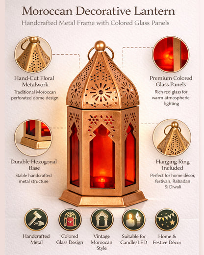 Moroccan Copper Lantern with Red Glass, Ramadan & Eid Decorative Candle Holder, Islamic Festive Table & Home Décor, Warm Ambient Metal Lantern for Iftar, Prayer Corner & Living Room