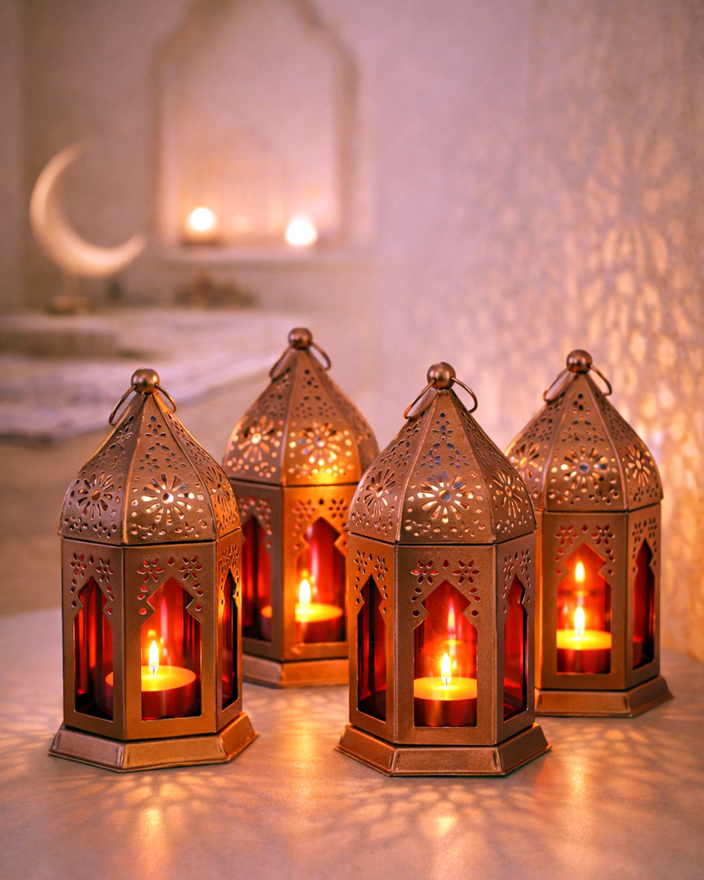 Moroccan Copper Lantern with Red Glass, Ramadan & Eid Decorative Candle Holder, Islamic Festive Table & Home Décor, Warm Ambient Metal Lantern for Iftar, Prayer Corner & Living Room