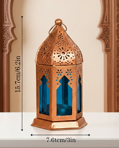Moroccan Copper Lantern with Blue Glass, Ramadan & Eid Decorative Candle Holder, Islamic Festive Table & Home Décor, Warm Ambient Metal Lantern for Iftar, Prayer Corner & Living Room