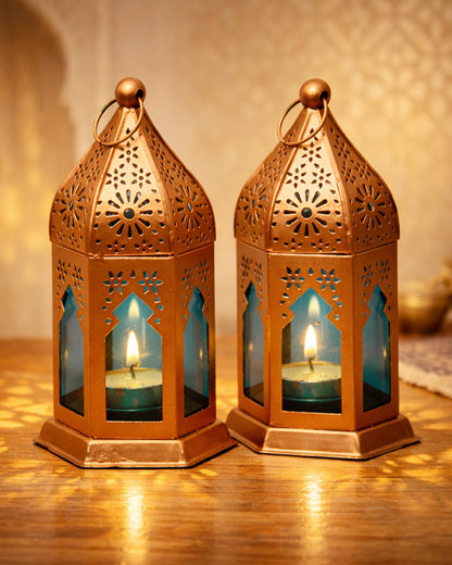 Moroccan Copper Lantern with Blue Glass, Ramadan & Eid Decorative Candle Holder, Islamic Festive Table & Home Décor, Warm Ambient Metal Lantern for Iftar, Prayer Corner & Living Room