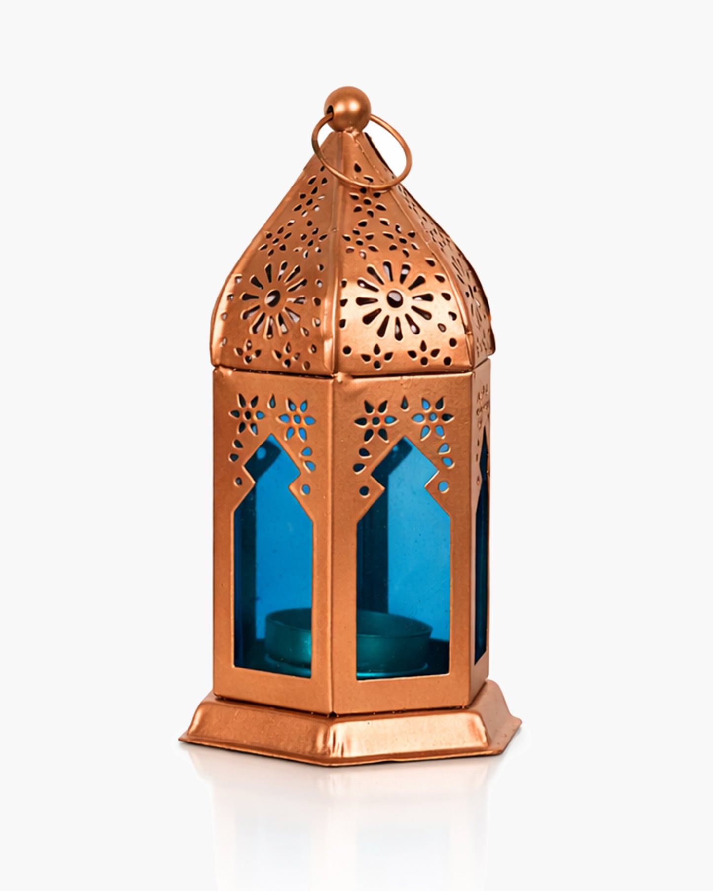 Moroccan Copper Lantern with Blue Glass, Ramadan & Eid Decorative Candle Holder, Islamic Festive Table & Home Décor, Warm Ambient Metal Lantern for Iftar, Prayer Corner & Living Room