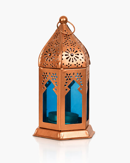 Moroccan Copper Lantern with Blue Glass, Ramadan & Eid Decorative Candle Holder, Islamic Festive Table & Home Décor, Warm Ambient Metal Lantern for Iftar, Prayer Corner & Living Room