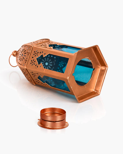 Moroccan Copper Lantern with Blue Glass, Ramadan & Eid Decorative Candle Holder, Islamic Festive Table & Home Décor, Warm Ambient Metal Lantern for Iftar, Prayer Corner & Living Room