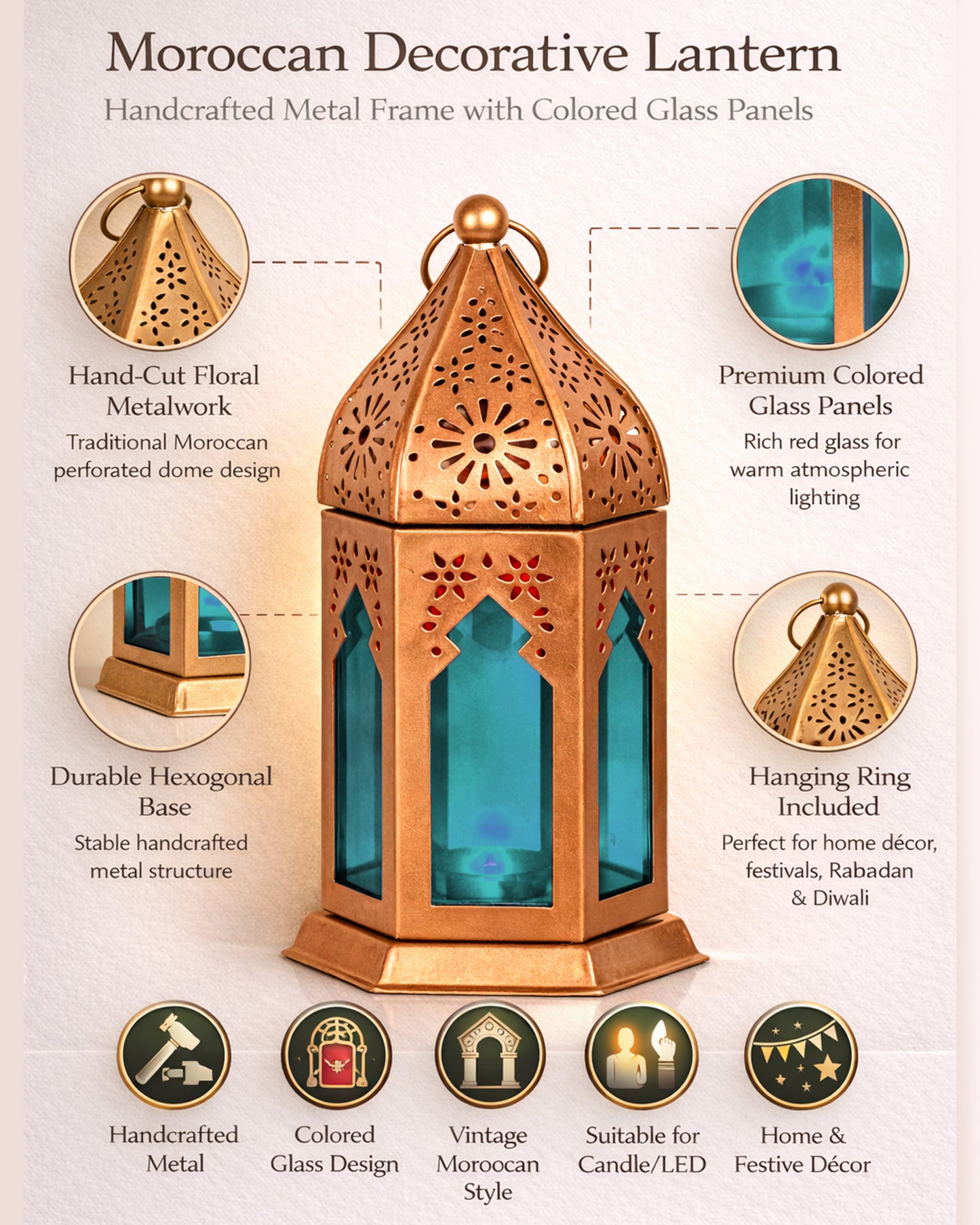Moroccan Copper Lantern with Blue Glass, Ramadan & Eid Decorative Candle Holder, Islamic Festive Table & Home Décor, Warm Ambient Metal Lantern for Iftar, Prayer Corner & Living Room
