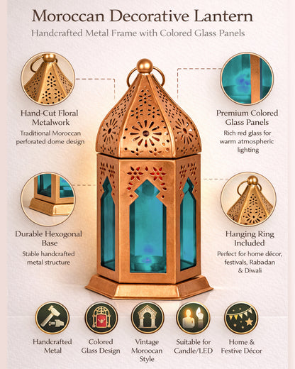Moroccan Copper Lantern with Blue Glass, Ramadan & Eid Decorative Candle Holder, Islamic Festive Table & Home Décor, Warm Ambient Metal Lantern for Iftar, Prayer Corner & Living Room