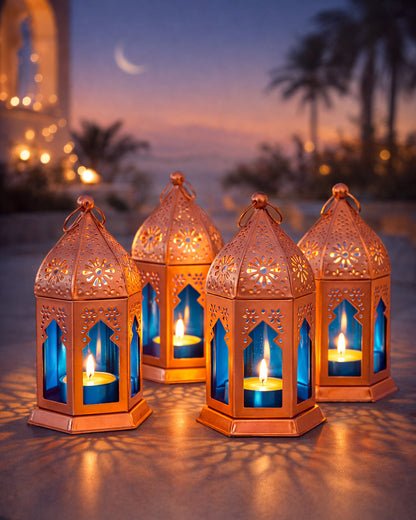 Moroccan Copper Lantern with Blue Glass, Ramadan & Eid Decorative Candle Holder, Islamic Festive Table & Home Décor, Warm Ambient Metal Lantern for Iftar, Prayer Corner & Living Room