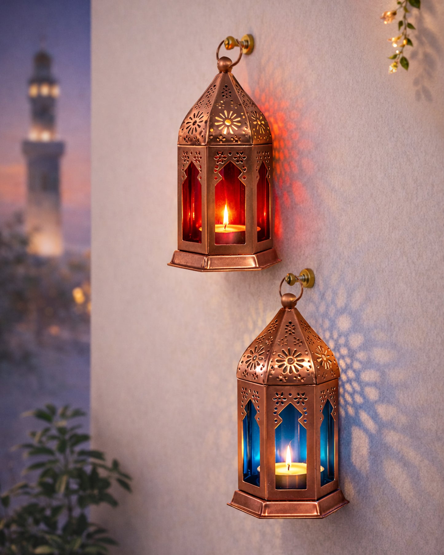 Moroccan Copper Lantern with Blue Glass, Ramadan & Eid Decorative Candle Holder, Islamic Festive Table & Home Décor, Warm Ambient Metal Lantern for Iftar, Prayer Corner & Living Room