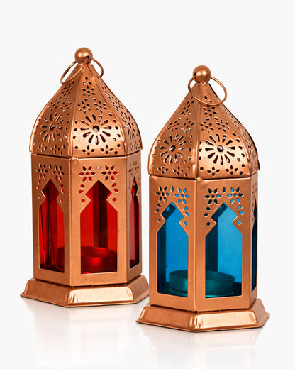 Moroccan Copper Lantern with Blue Glass, Ramadan & Eid Decorative Candle Holder, Islamic Festive Table & Home Décor, Warm Ambient Metal Lantern for Iftar, Prayer Corner & Living Room