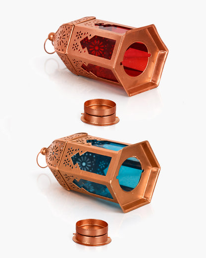 Moroccan Copper Lantern with Blue Glass, Ramadan & Eid Decorative Candle Holder, Islamic Festive Table & Home Décor, Warm Ambient Metal Lantern for Iftar, Prayer Corner & Living Room