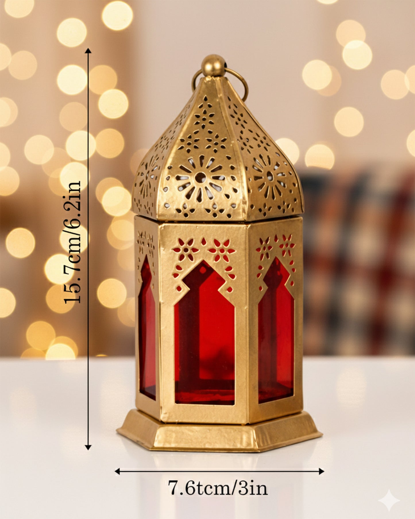 Moroccan Golden Lantern with Red Glass, Ramadan & Eid Decorative Candle Holder, Islamic Festive Table & Home Décor, Warm Ambient Metal Lantern for Iftar, Prayer Corner & Living Room