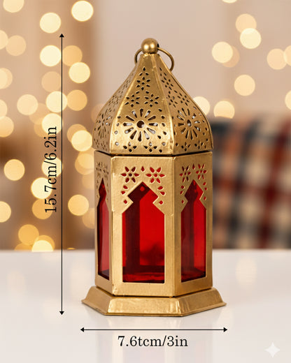 Moroccan Golden Lantern with Red Glass, Ramadan & Eid Decorative Candle Holder, Islamic Festive Table & Home Décor, Warm Ambient Metal Lantern for Iftar, Prayer Corner & Living Room