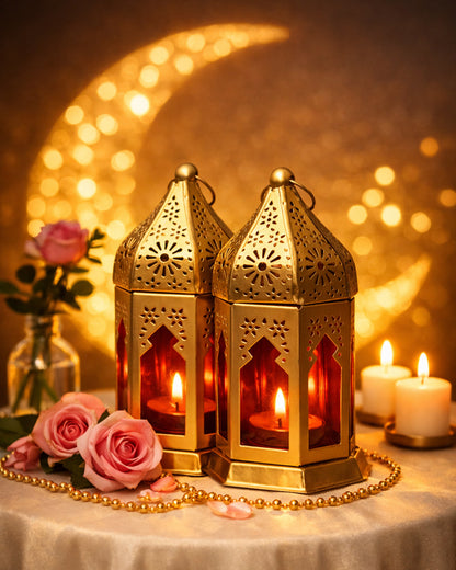 Moroccan Golden Lantern with Red Glass, Ramadan & Eid Decorative Candle Holder, Islamic Festive Table & Home Décor, Warm Ambient Metal Lantern for Iftar, Prayer Corner & Living Room