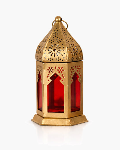 Moroccan Golden Lantern with Red Glass, Ramadan & Eid Decorative Candle Holder, Islamic Festive Table & Home Décor, Warm Ambient Metal Lantern for Iftar, Prayer Corner & Living Room