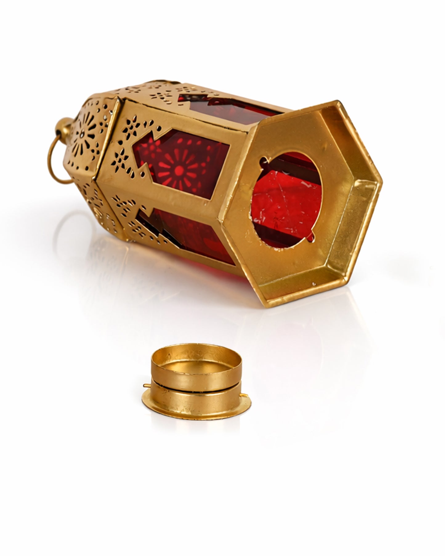 Moroccan Golden Lantern with Red Glass, Ramadan & Eid Decorative Candle Holder, Islamic Festive Table & Home Décor, Warm Ambient Metal Lantern for Iftar, Prayer Corner & Living Room