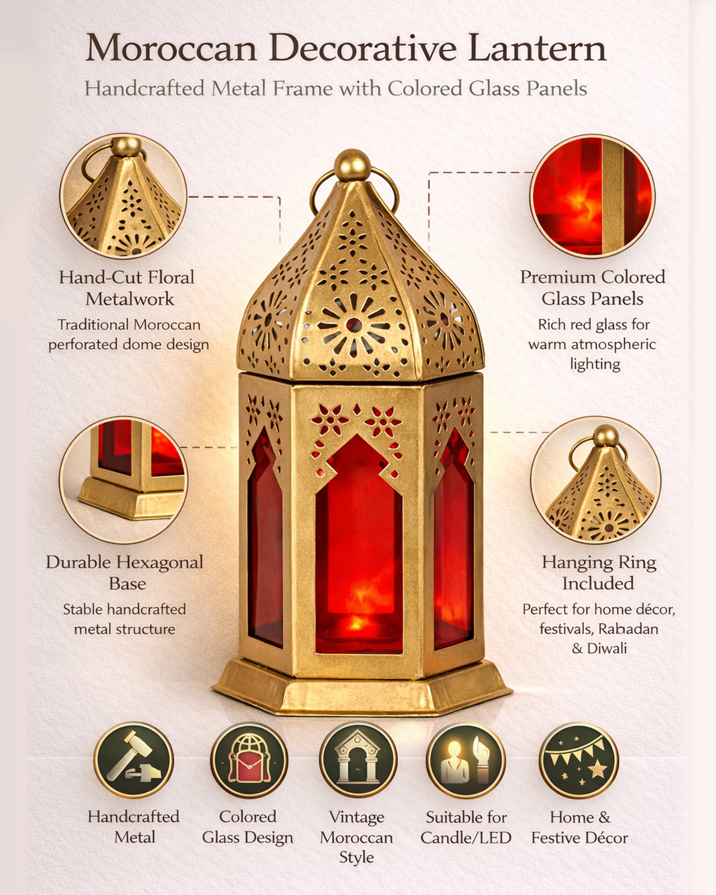 Moroccan Golden Lantern with Red Glass, Ramadan & Eid Decorative Candle Holder, Islamic Festive Table & Home Décor, Warm Ambient Metal Lantern for Iftar, Prayer Corner & Living Room