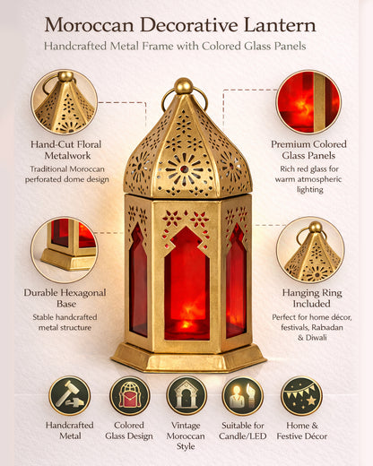 Moroccan Golden Lantern with Red Glass, Ramadan & Eid Decorative Candle Holder, Islamic Festive Table & Home Décor, Warm Ambient Metal Lantern for Iftar, Prayer Corner & Living Room