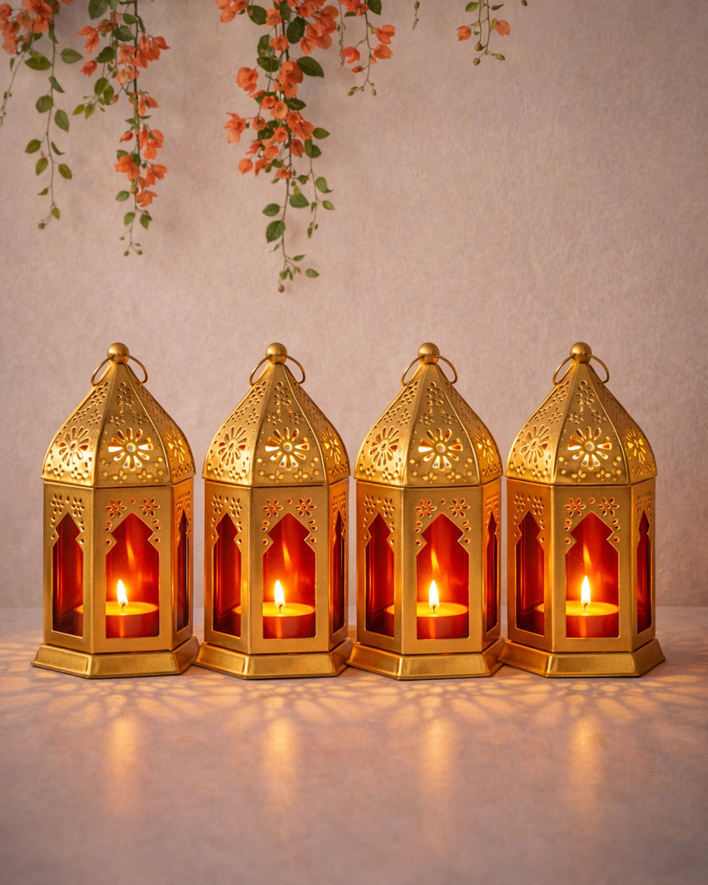 Moroccan Golden Lantern with Red Glass, Ramadan & Eid Decorative Candle Holder, Islamic Festive Table & Home Décor, Warm Ambient Metal Lantern for Iftar, Prayer Corner & Living Room