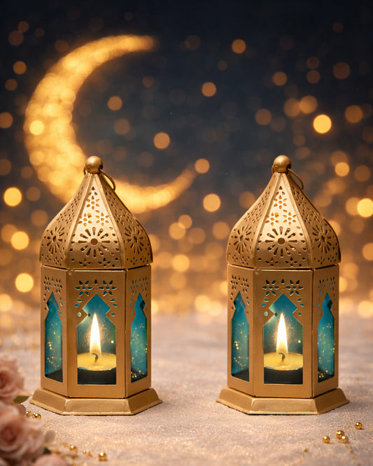 Moroccan Golden Lantern with Blue Glass, Ramadan & Eid Decorative Candle Holder, Islamic Festive Table & Home Décor, Warm Ambient Metal Lantern for Iftar, Prayer Corner & Living Room