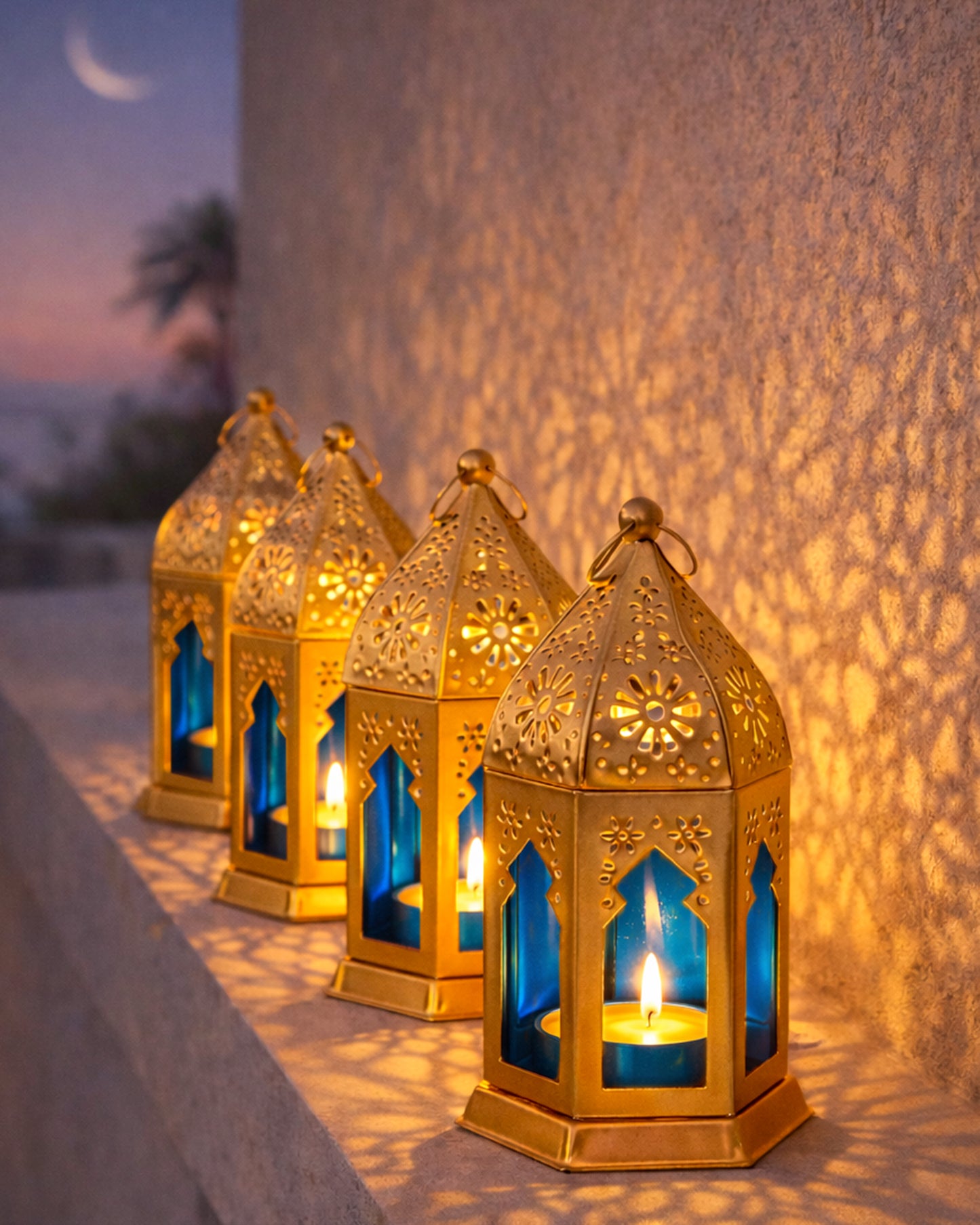 Moroccan Golden Lantern with Blue Glass, Ramadan & Eid Decorative Candle Holder, Islamic Festive Table & Home Décor, Warm Ambient Metal Lantern for Iftar, Prayer Corner & Living Room