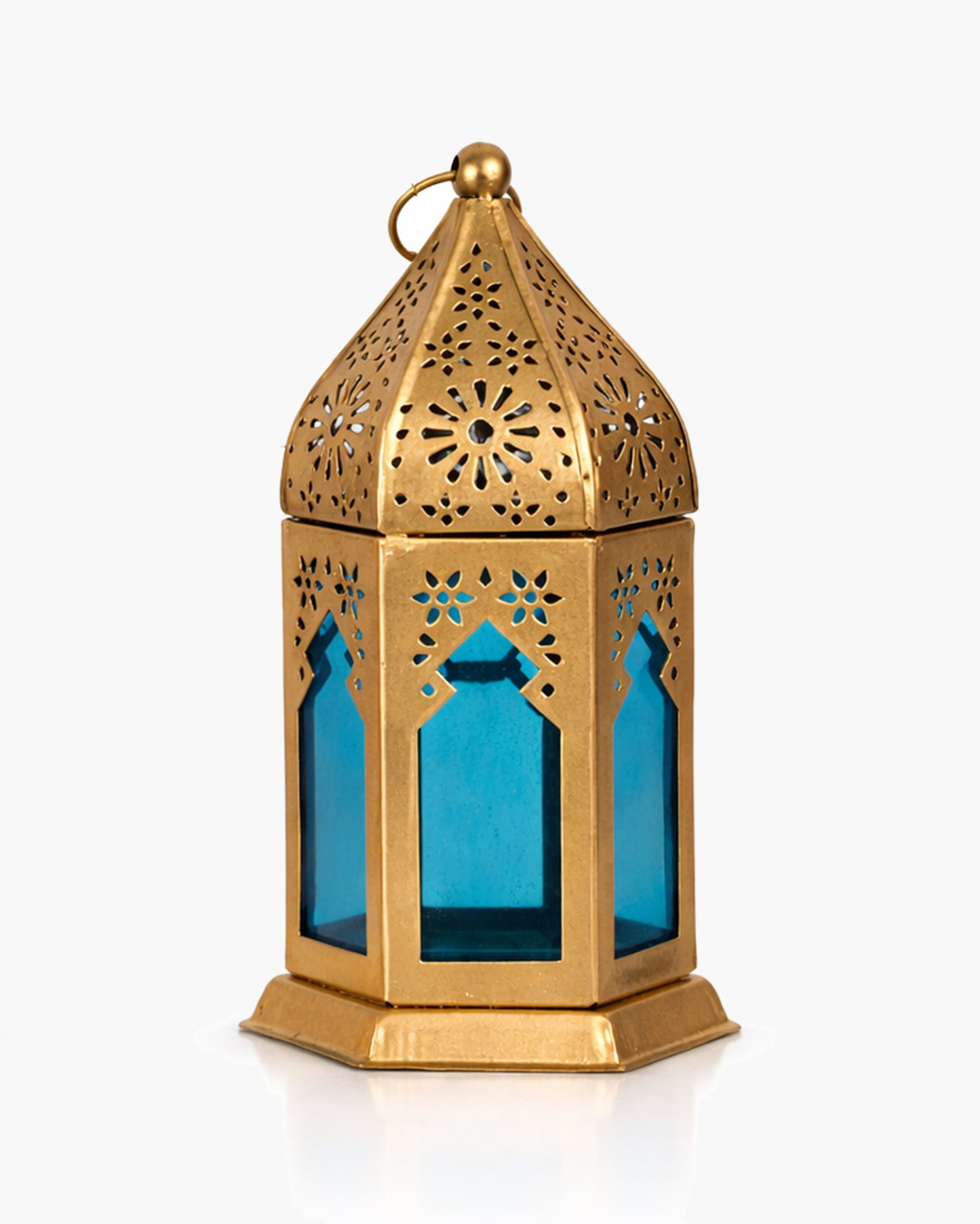 Moroccan Golden Lantern with Blue Glass, Ramadan & Eid Decorative Candle Holder, Islamic Festive Table & Home Décor, Warm Ambient Metal Lantern for Iftar, Prayer Corner & Living Room