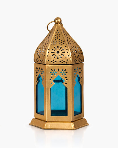 Moroccan Golden Lantern with Blue Glass, Ramadan & Eid Decorative Candle Holder, Islamic Festive Table & Home Décor, Warm Ambient Metal Lantern for Iftar, Prayer Corner & Living Room